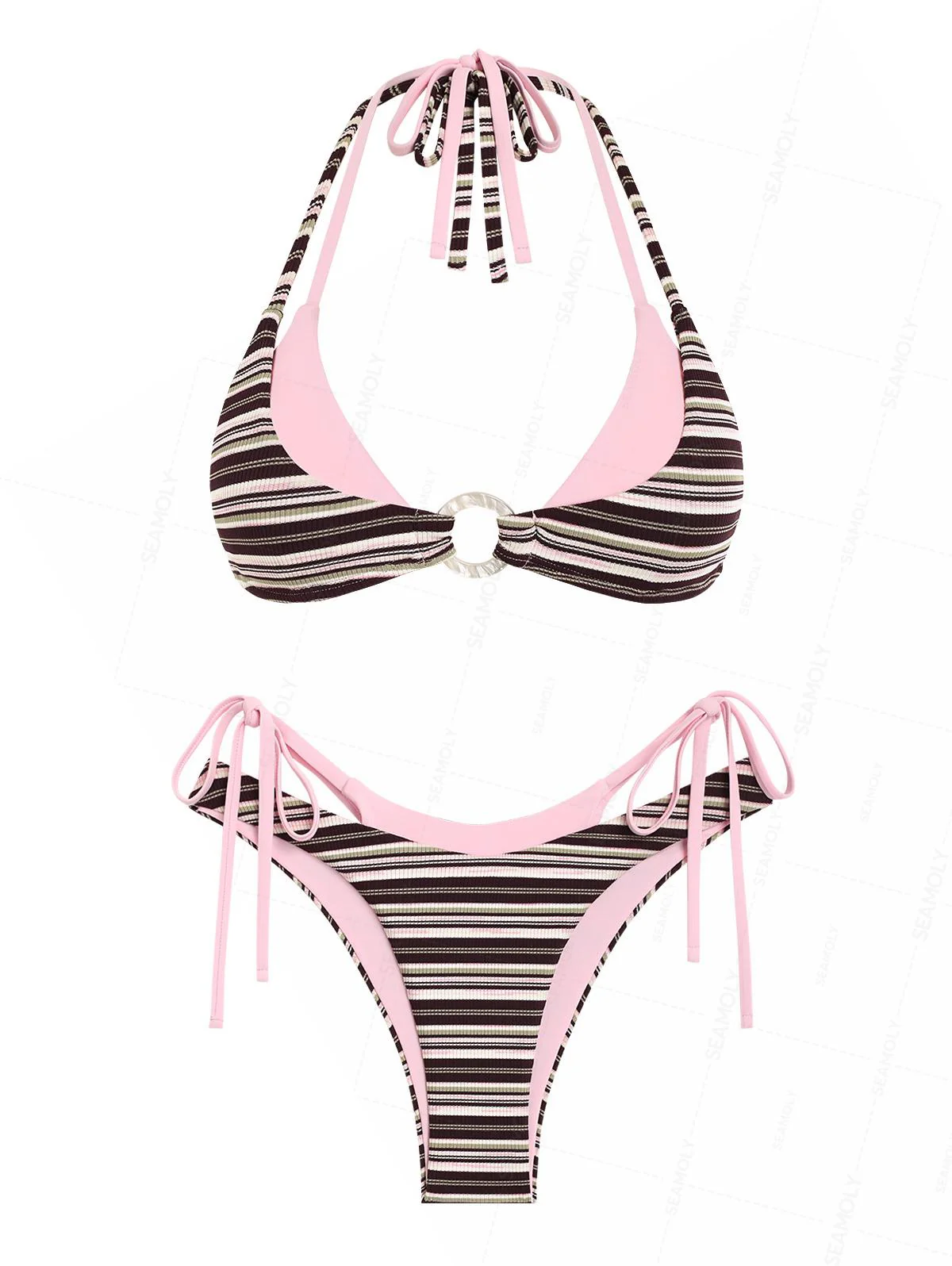 Seamolly Contrast Color Ribbed Striped O Ring Double Layer Bikini Set