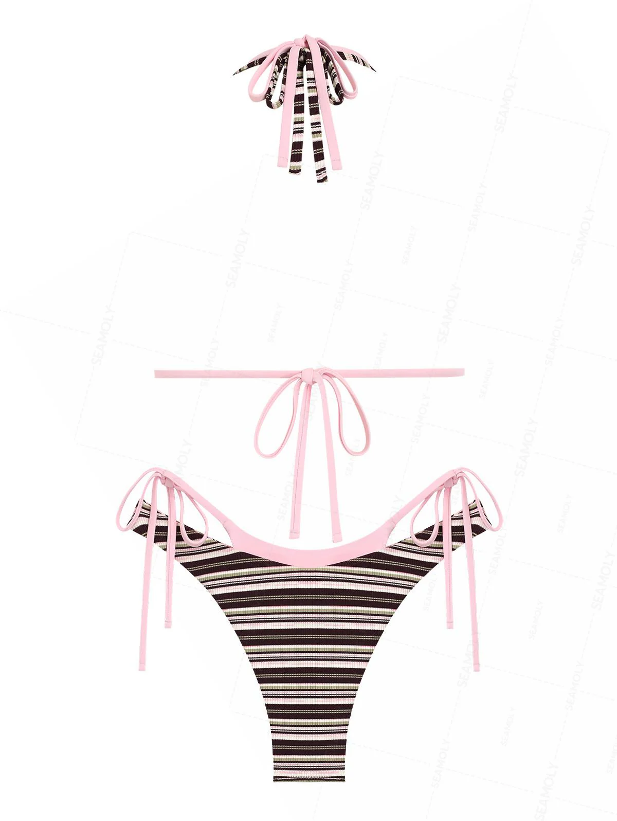 Seamolly Contrast Color Ribbed Striped O Ring Double Layer Bikini Set - Image 2