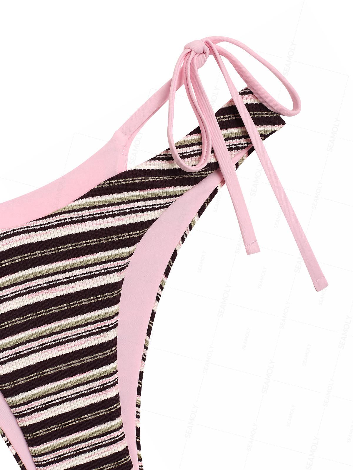 Seamolly Contrast Color Ribbed Striped O Ring Double Layer Bikini Set - Image 4