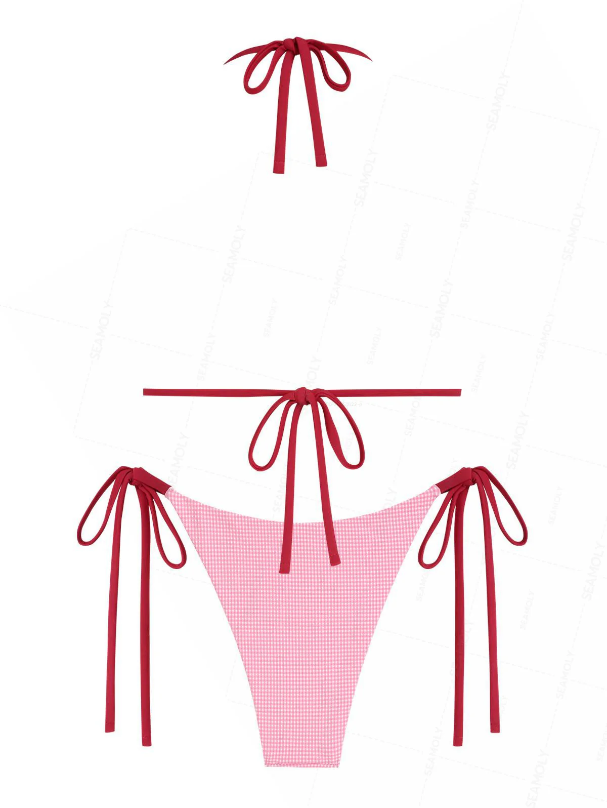 Seamolly Gingham Contrast Bowknot Halter Triangle Tie Side Bikini Set - Image 2