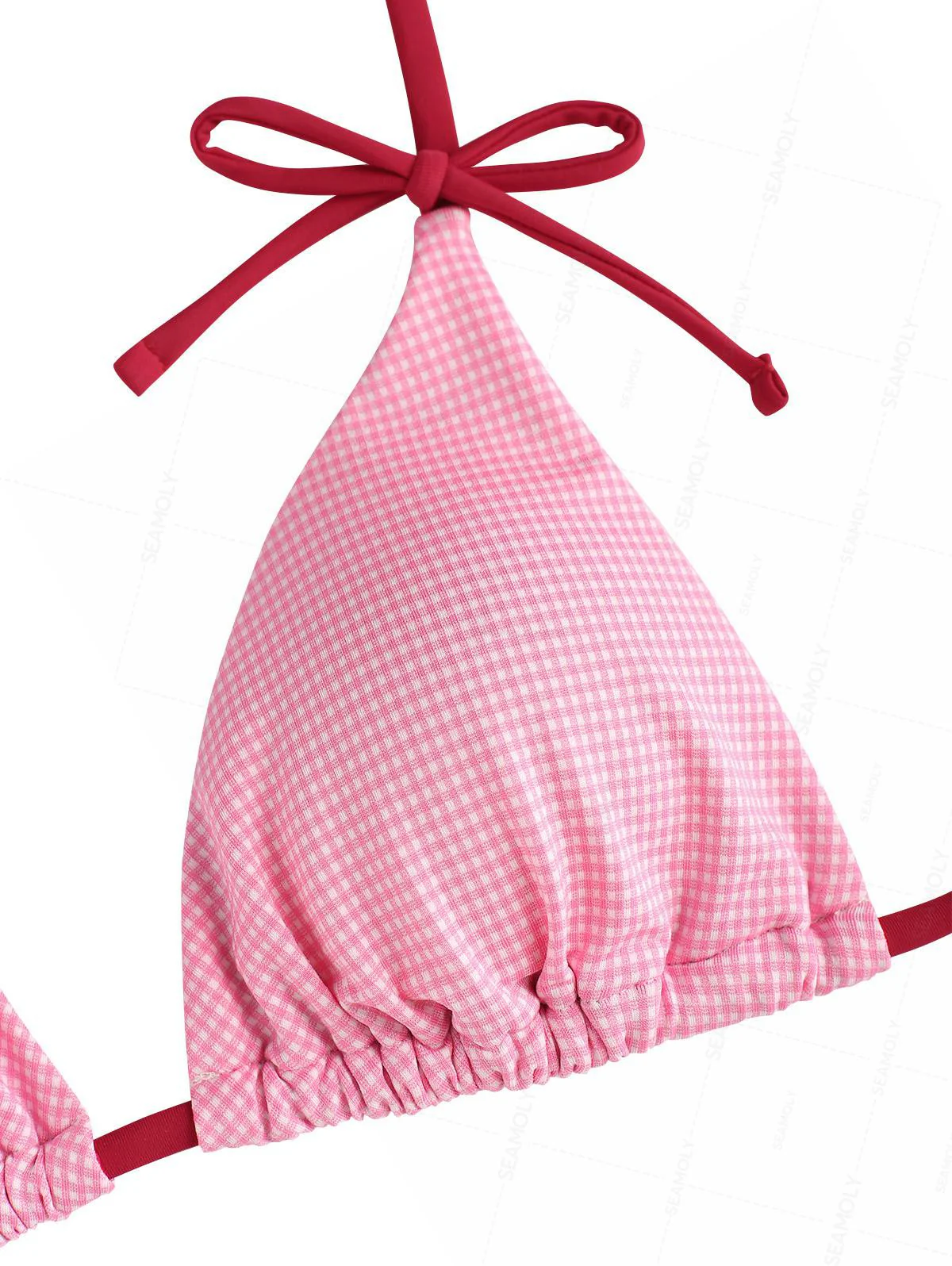Seamolly Gingham Contrast Bowknot Halter Triangle Tie Side Bikini Set - Image 3