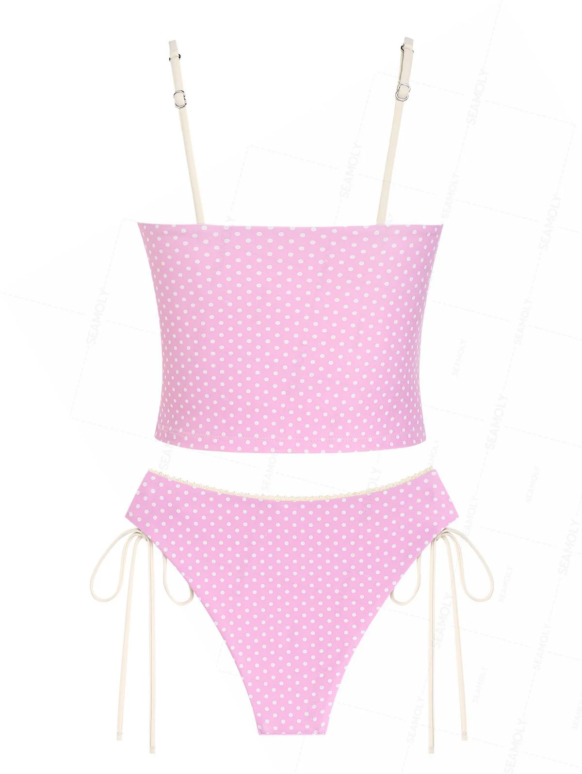 Seamolly Retro Pin-Up Vintage Polka Dot Lace Bowknot Cinched Tie Side Tankini Set - Image 11