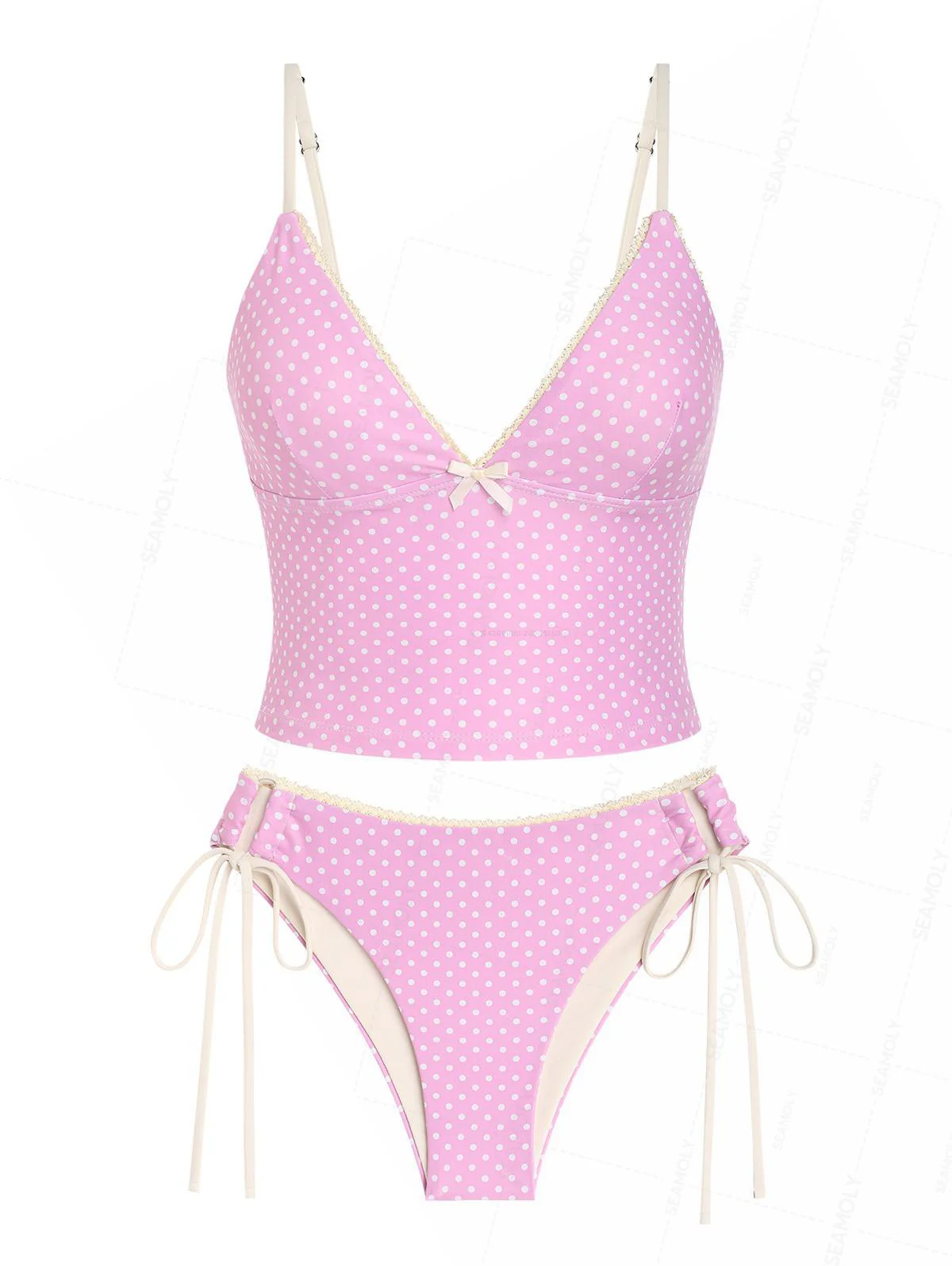 Seamolly Retro Pin-Up Vintage Polka Dot Lace Bowknot Cinched Tie Side Tankini Set - Image 2
