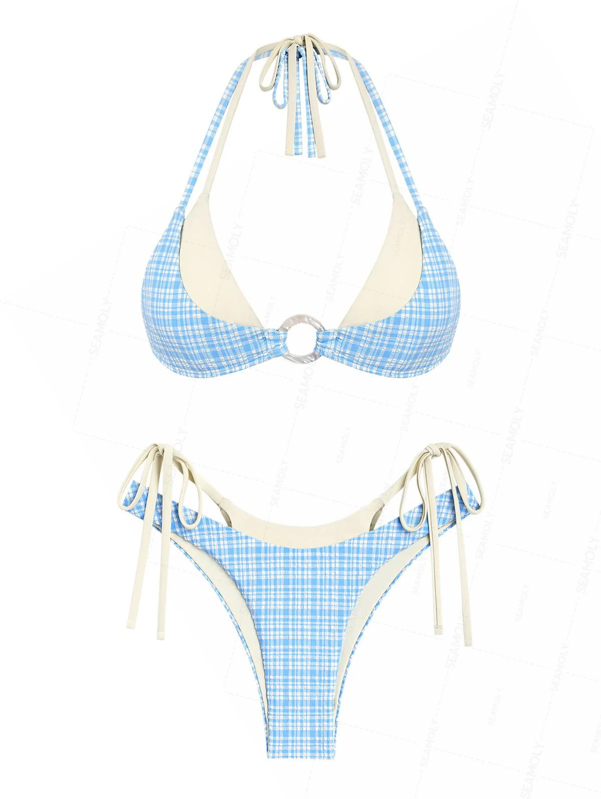 Seamolly Gingham Textured Contrast Color O Ring Double Layer Bikini Set