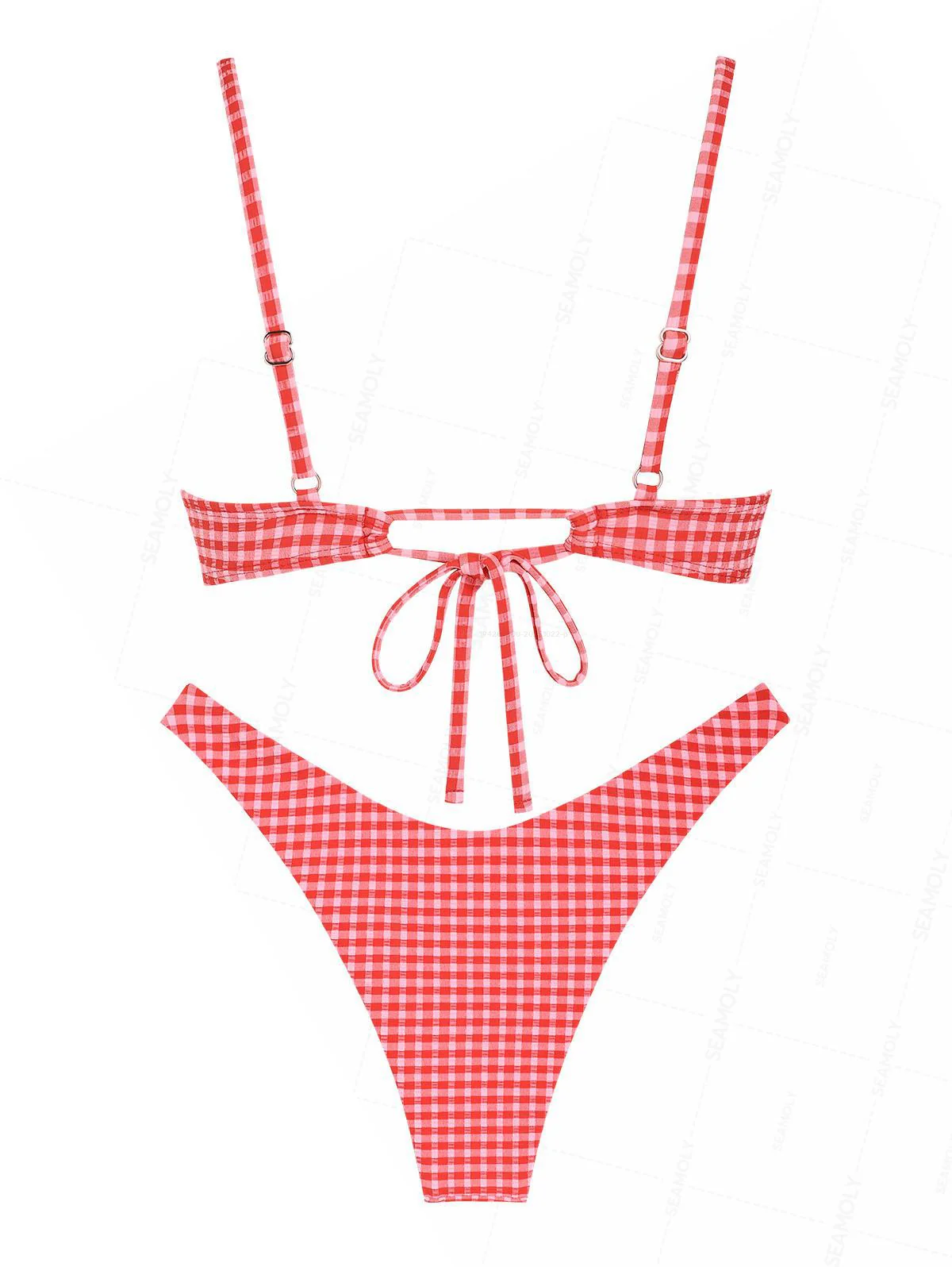 Seamolly Retro Pin-Up Vintage Inspired Gingham Bowknot Decor Cinched Tied Back Underwire Bikini Set - Image 2