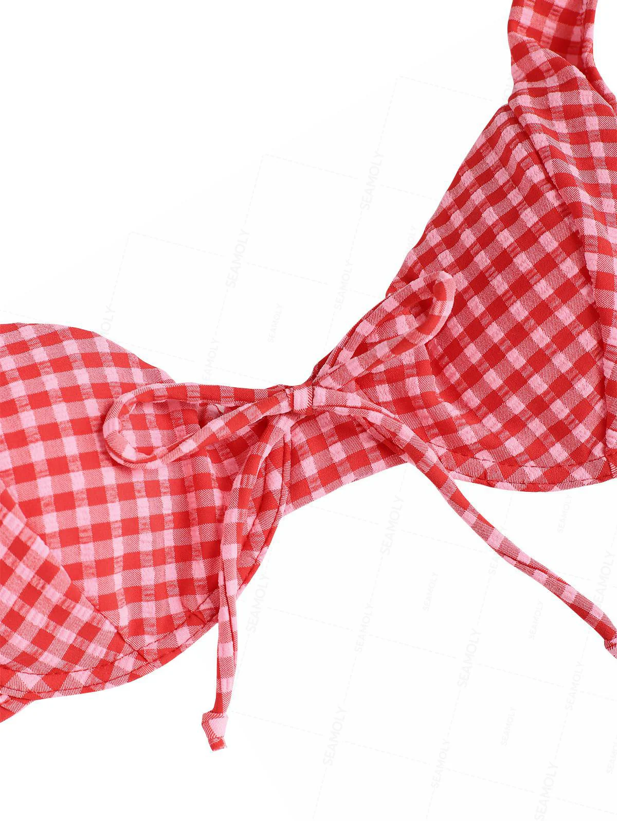 Seamolly Retro Pin-Up Vintage Inspired Gingham Bowknot Decor Cinched Tied Back Underwire Bikini Set - Image 3