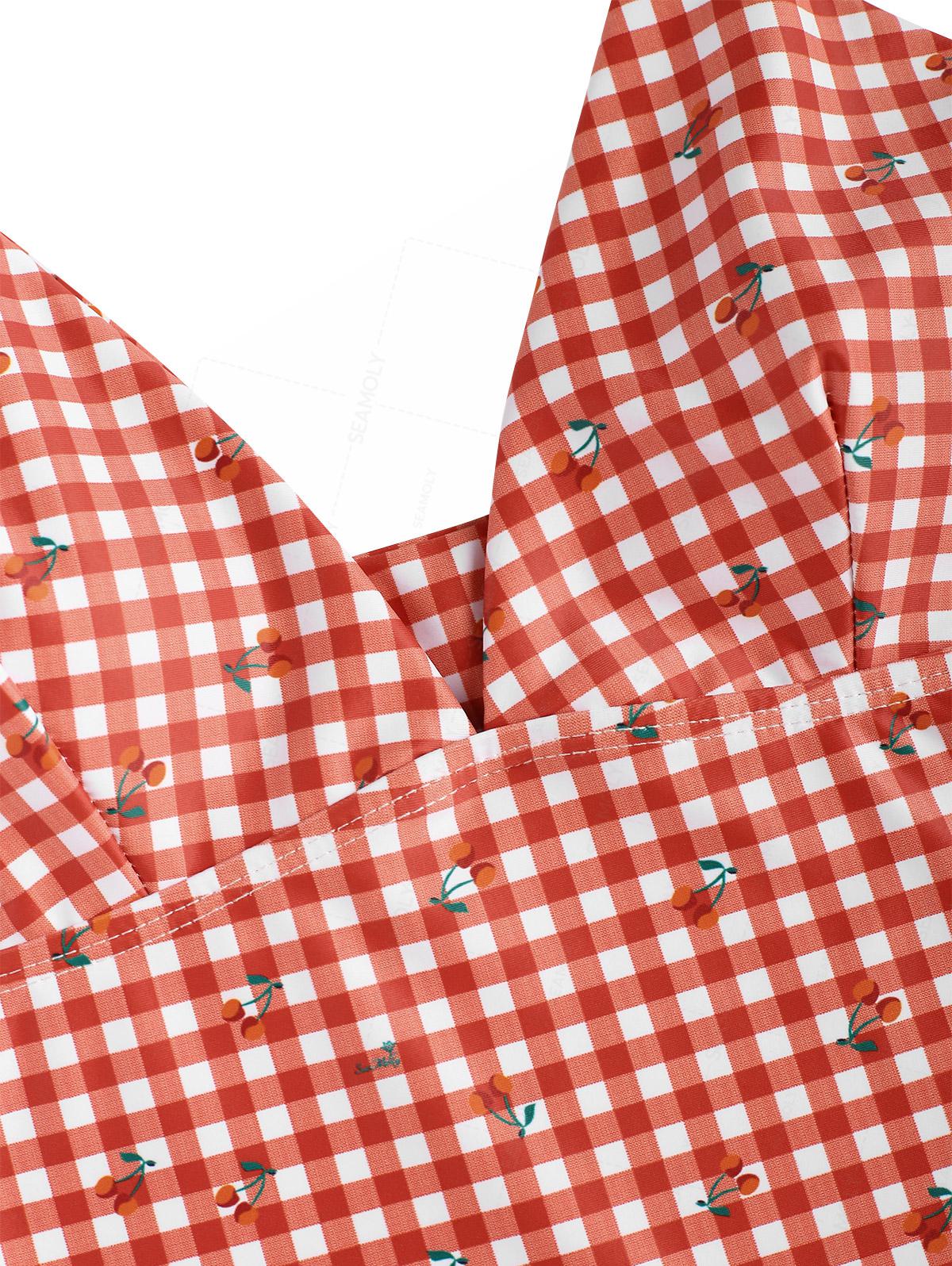 Seamolly Retro Vintage Gingham Cherry Plunging Neck Halter Tied Full Coverage Tankini Set - Image 3