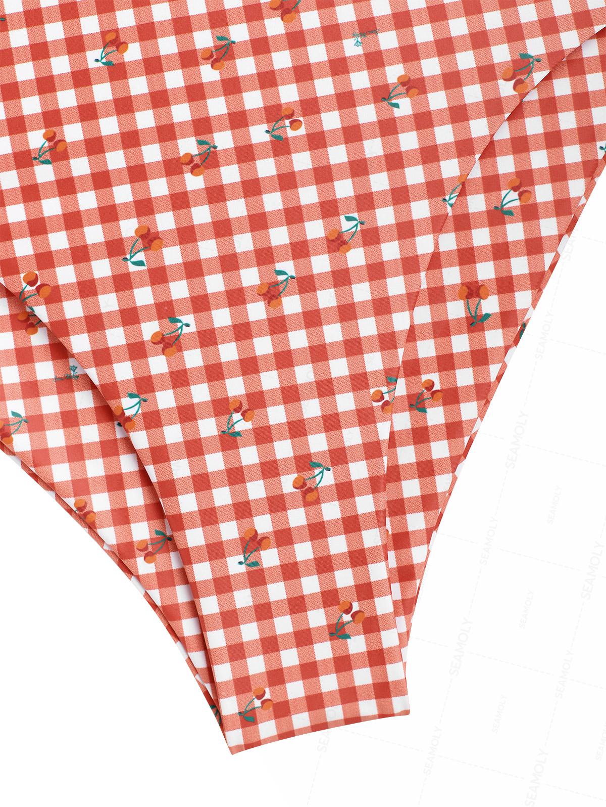Seamolly Retro Vintage Gingham Cherry Plunging Neck Halter Tied Full Coverage Tankini Set - Image 4