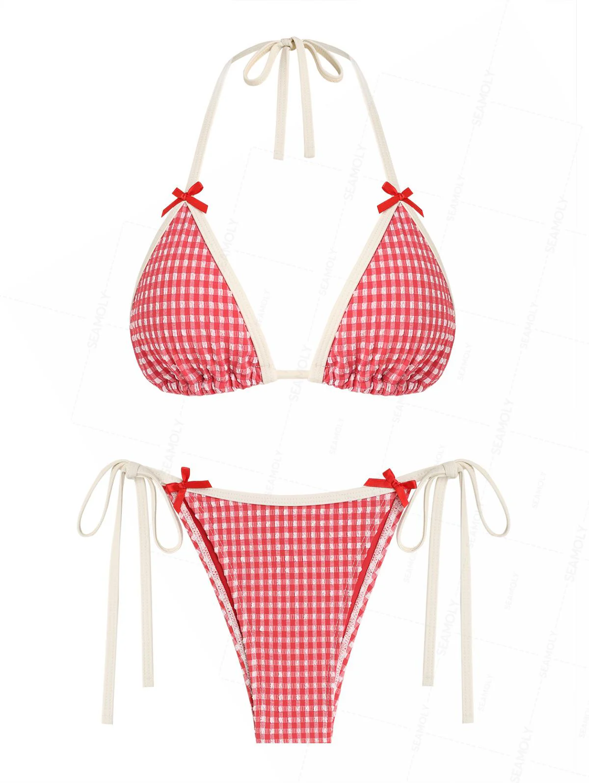 Seamolly Retro Vintage Inspired Gingham Textured Bowknot Halter Triangle Tie Side Bikini Set - Image 2