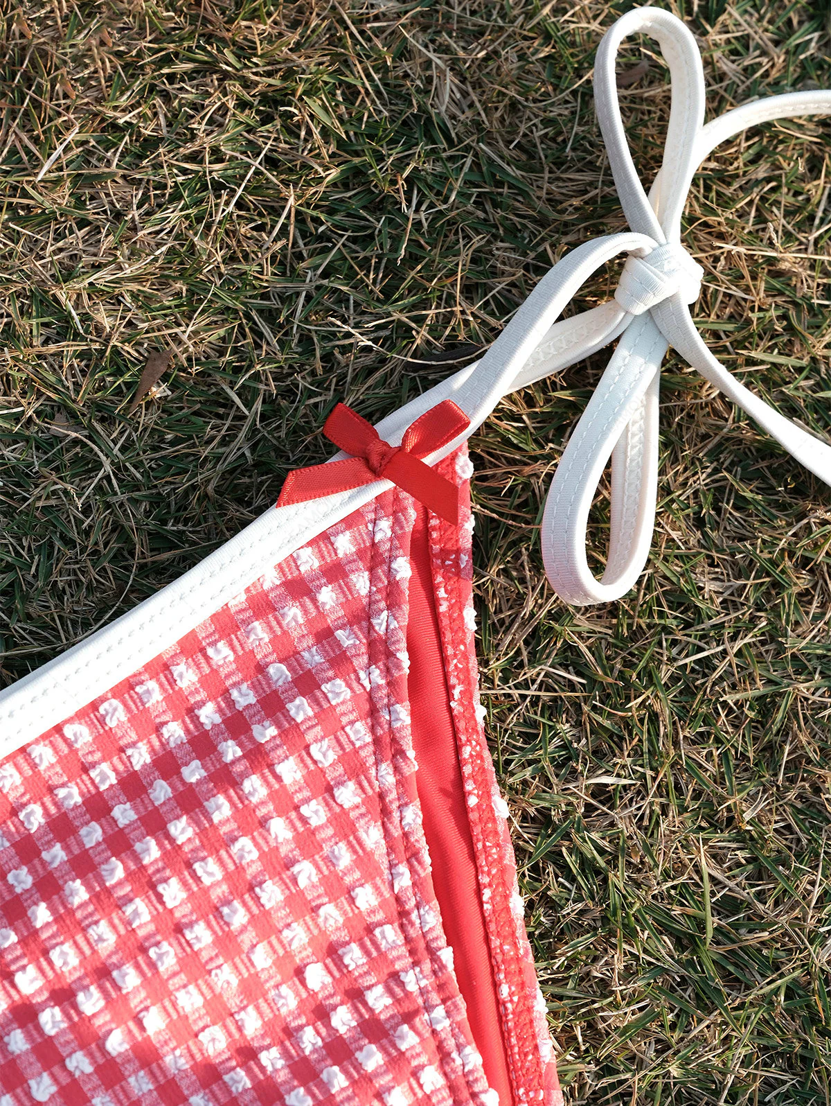Seamolly Retro Vintage Inspired Gingham Textured Bowknot Halter Triangle Tie Side Bikini Set - Image 3