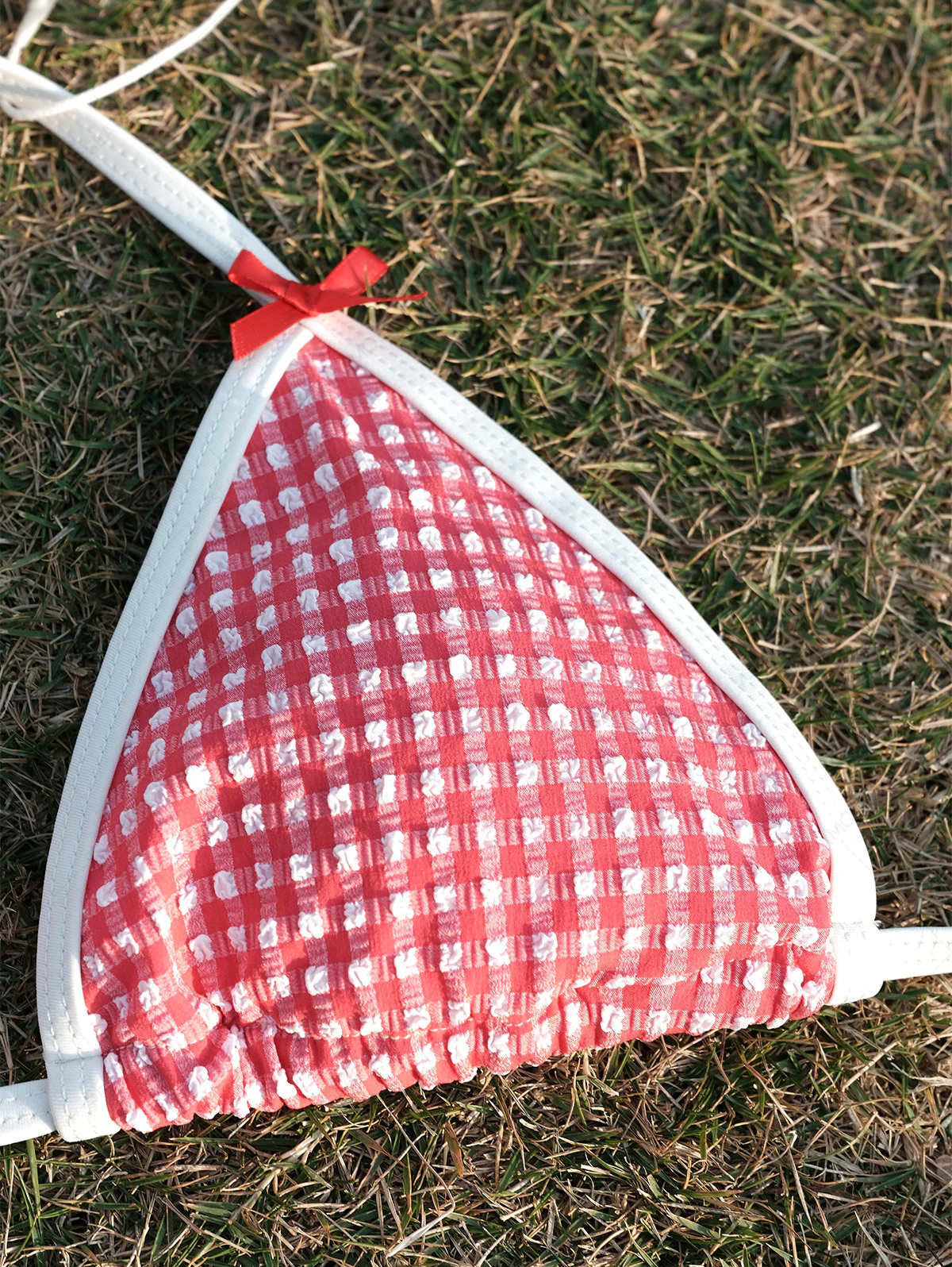 Seamolly Retro Vintage Inspired Gingham Textured Bowknot Halter Triangle Tie Side Bikini Set - Image 4