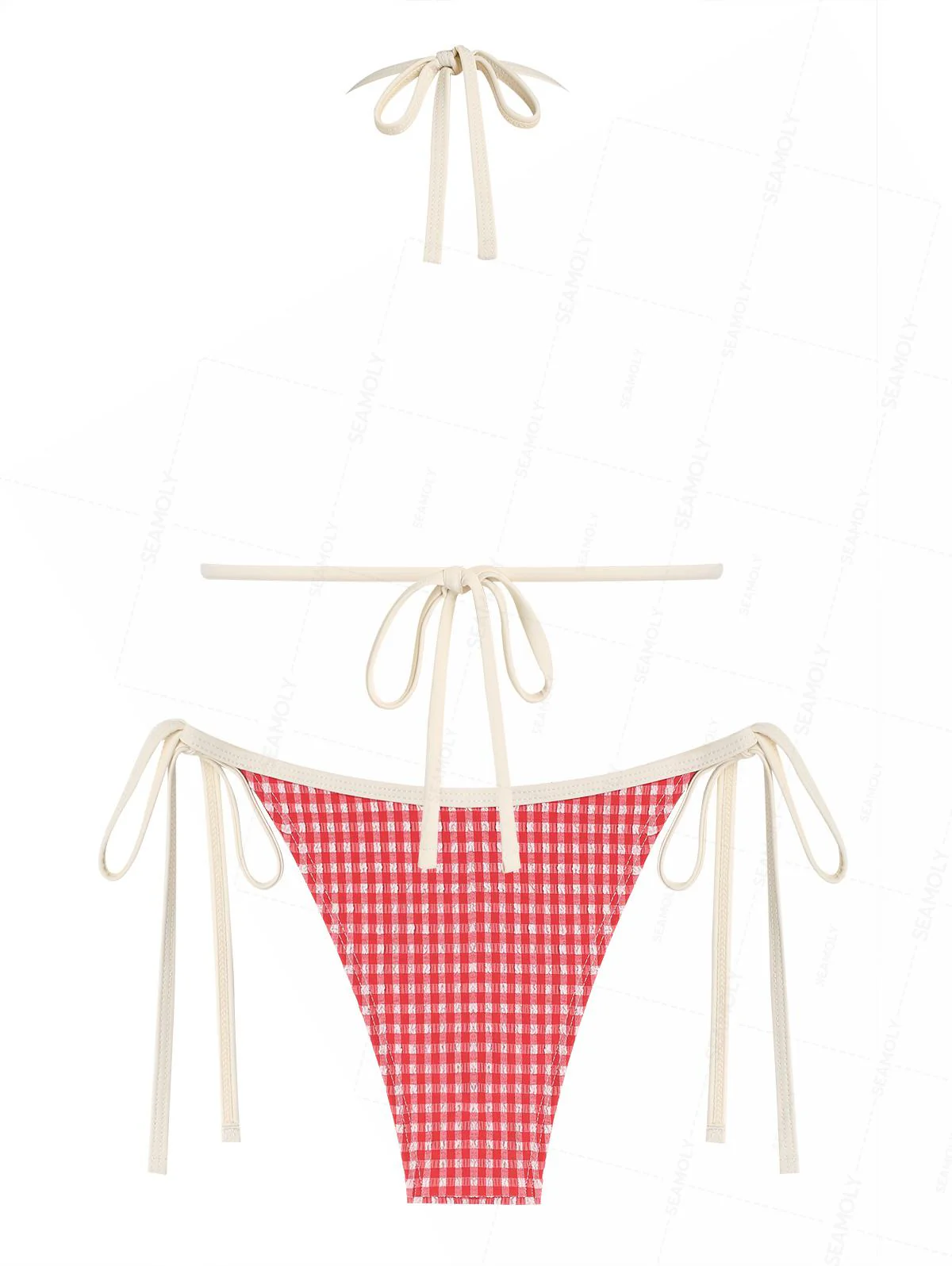 Seamolly Retro Vintage Inspired Gingham Textured Bowknot Halter Triangle Tie Side Bikini Set - Image 5