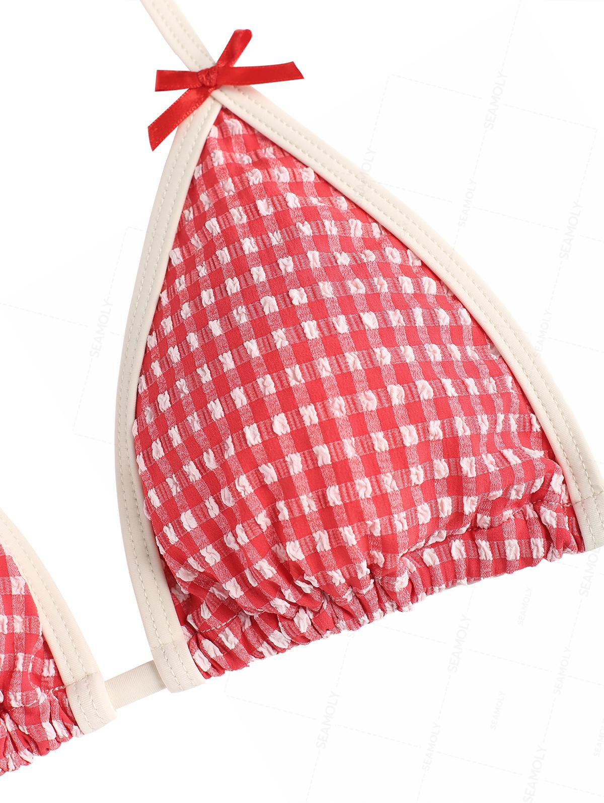 Seamolly Retro Vintage Inspired Gingham Textured Bowknot Halter Triangle Tie Side Bikini Set - Image 6