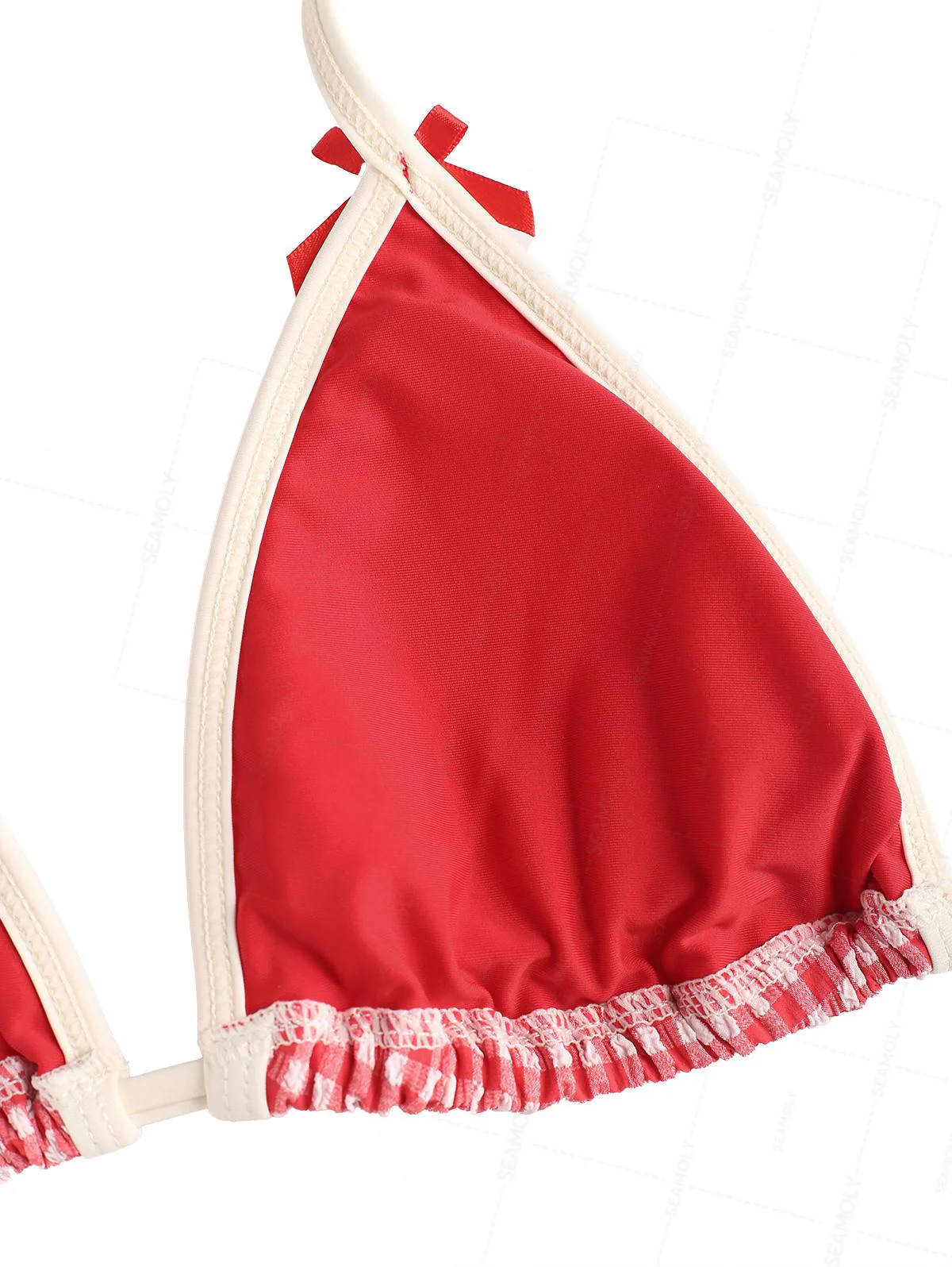 Seamolly Retro Vintage Inspired Gingham Textured Bowknot Halter Triangle Tie Side Bikini Set - Image 7