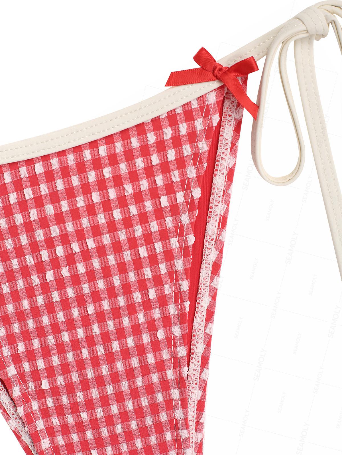 Seamolly Retro Vintage Inspired Gingham Textured Bowknot Halter Triangle Tie Side Bikini Set - Image 8