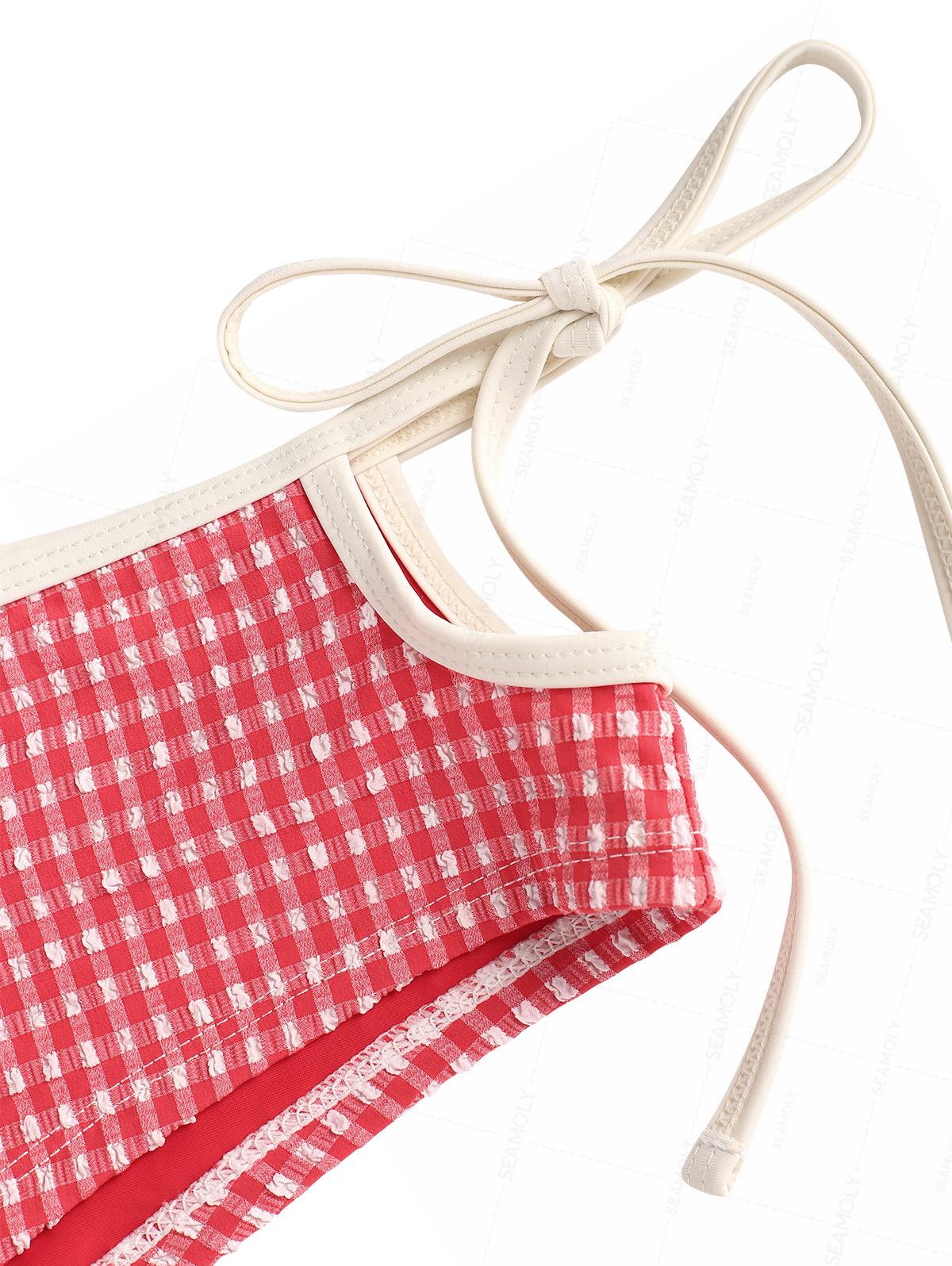 Seamolly 1950s Pin-Up Retro Vintage Gingham Textured Halter Tank Top & Tie Side Boyshorts Bottom Tankini Set - Image 10