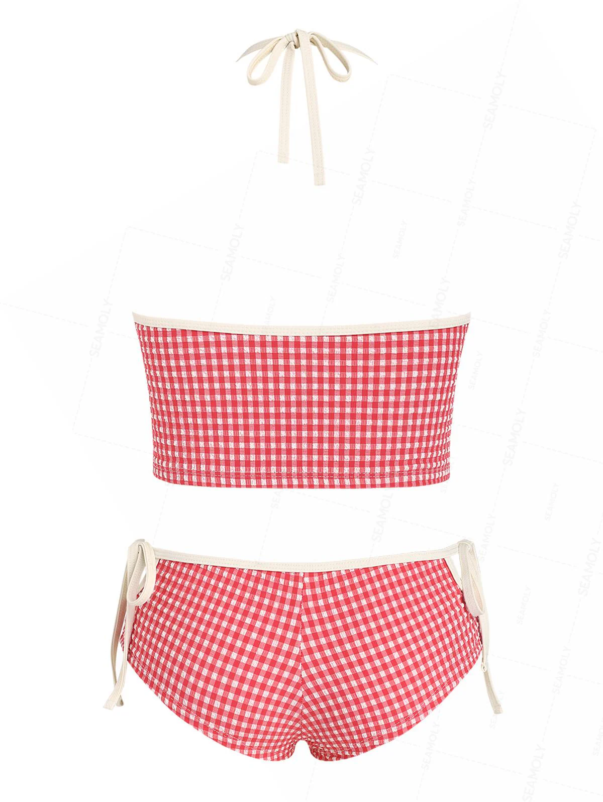 Seamolly 1950s Pin-Up Retro Vintage Gingham Textured Halter Tank Top & Tie Side Boyshorts Bottom Tankini Set - Image 8