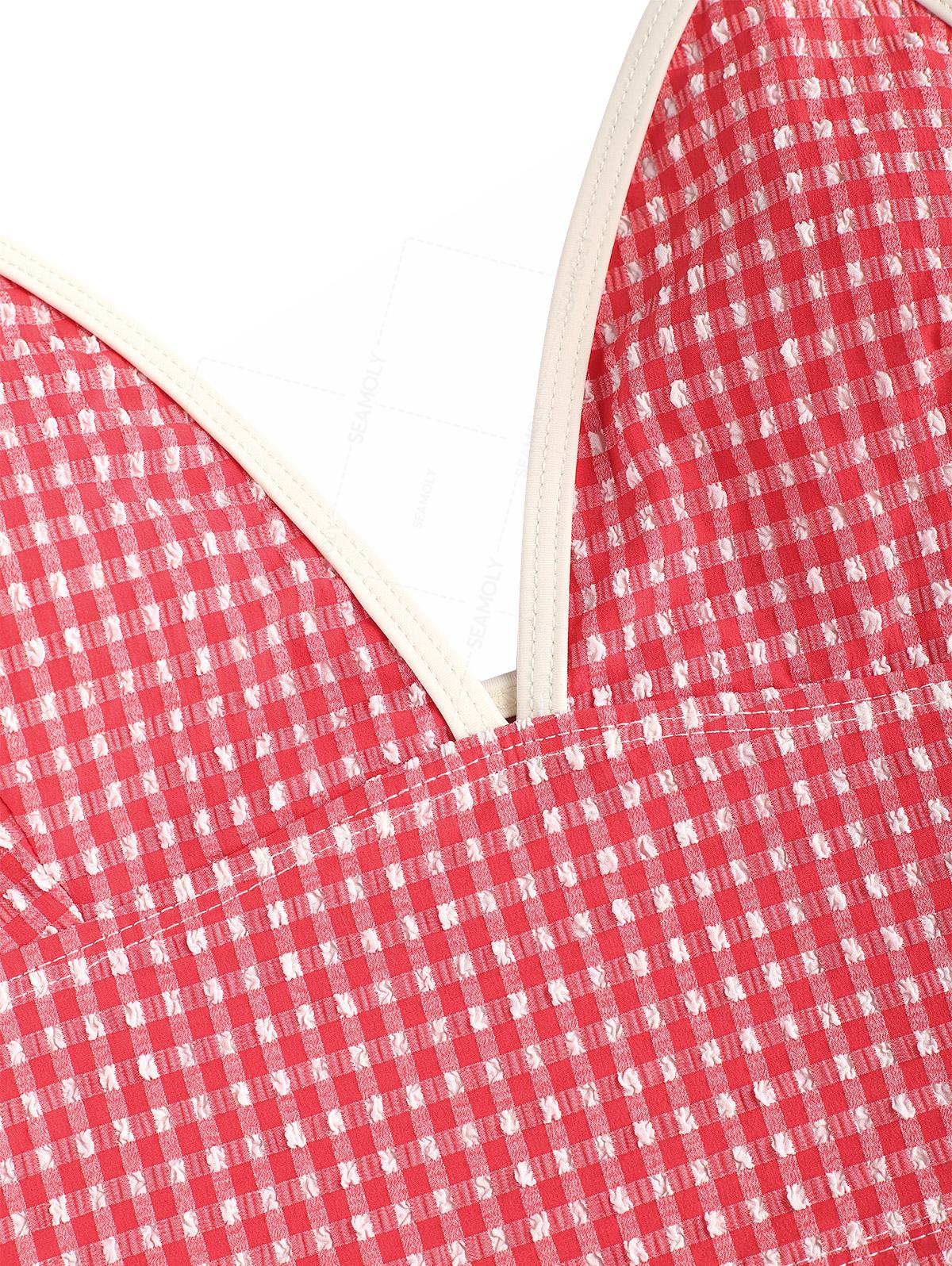 Seamolly 1950s Pin-Up Retro Vintage Gingham Textured Halter Tank Top & Tie Side Boyshorts Bottom Tankini Set - Image 9