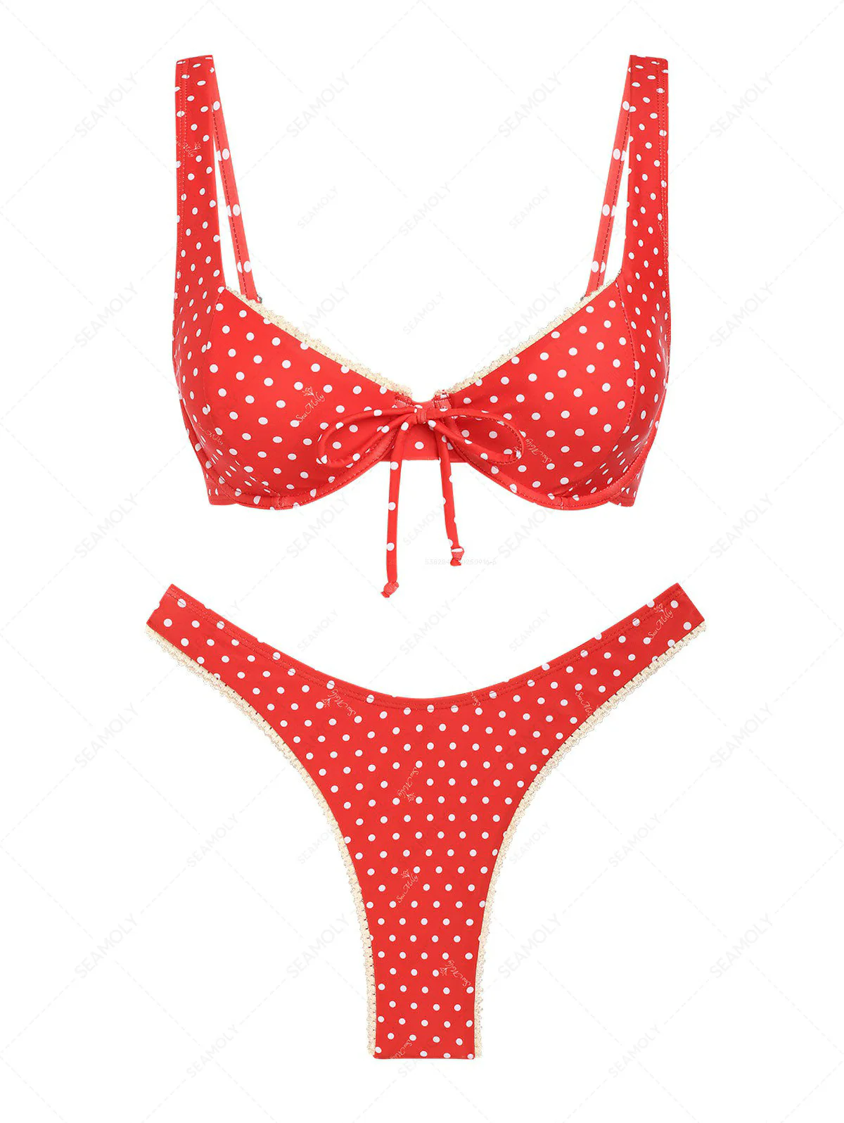 Seamolly Retro Pin-Up Vintage Inspired Polka Dot Lace Bowknot Underwire Bikini Set - Image 6