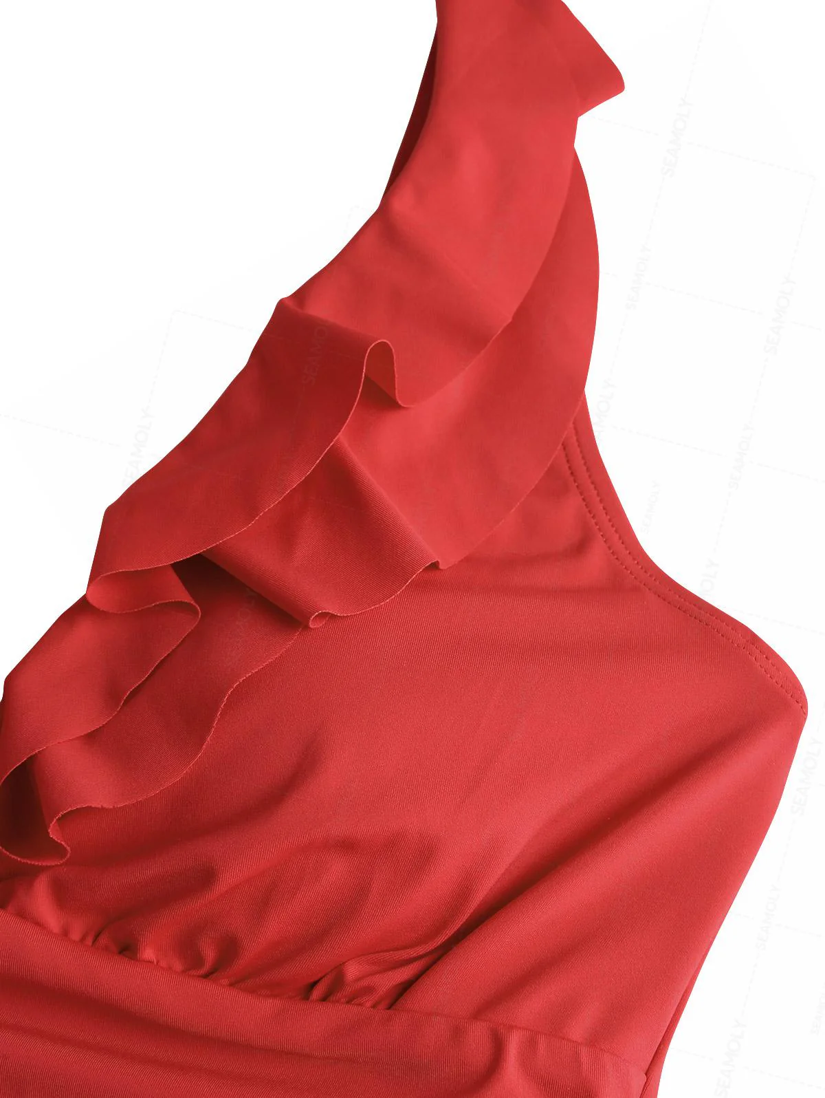 Seamolly Solid Color Tummy Control Ruched Ruffles Trim Plunging Neck One-piece Swimsuit - Image 3
