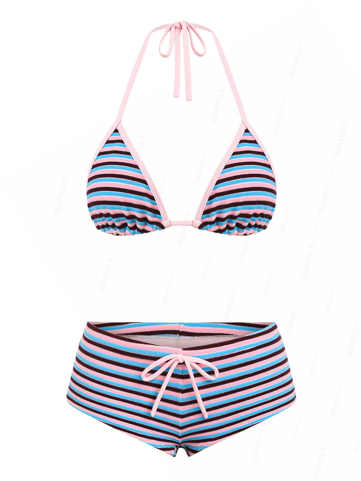 Seamolly Toweling Terry Cloth Striped Contrast Binding Cheeky Boyshorts Bikini Set