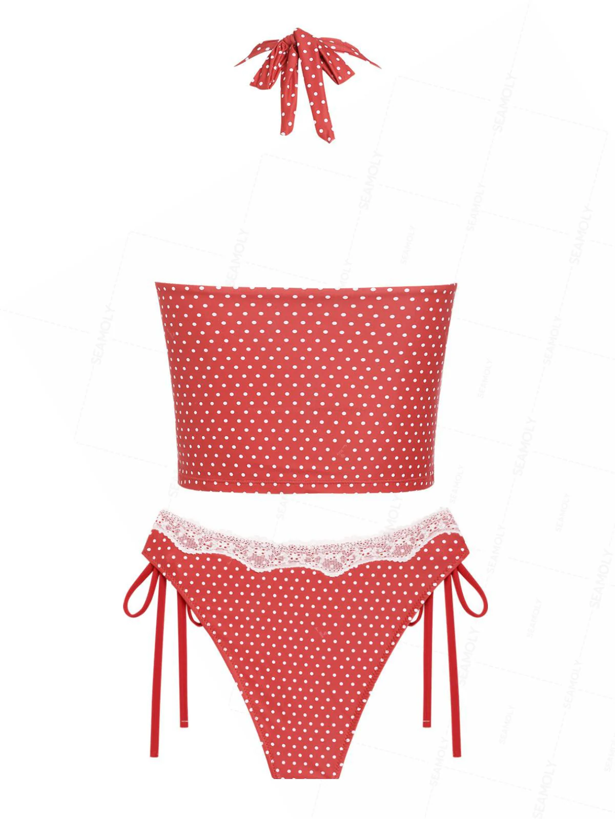 Seamolly Retro Pin-Up Vintage Polka Dot Lace Halter Tank Top & Full Coverage Bottom Tankini Set - Image 5