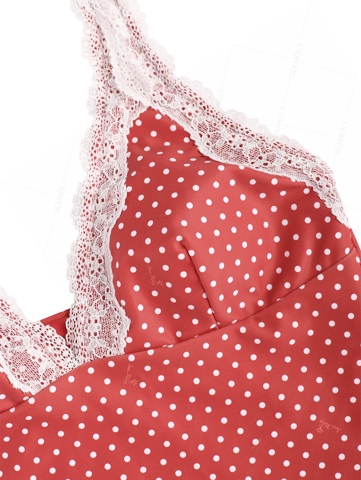 Seamolly Retro Pin-Up Vintage Polka Dot Lace Halter Tank Top & Full Coverage Bottom Tankini Set - Image 6