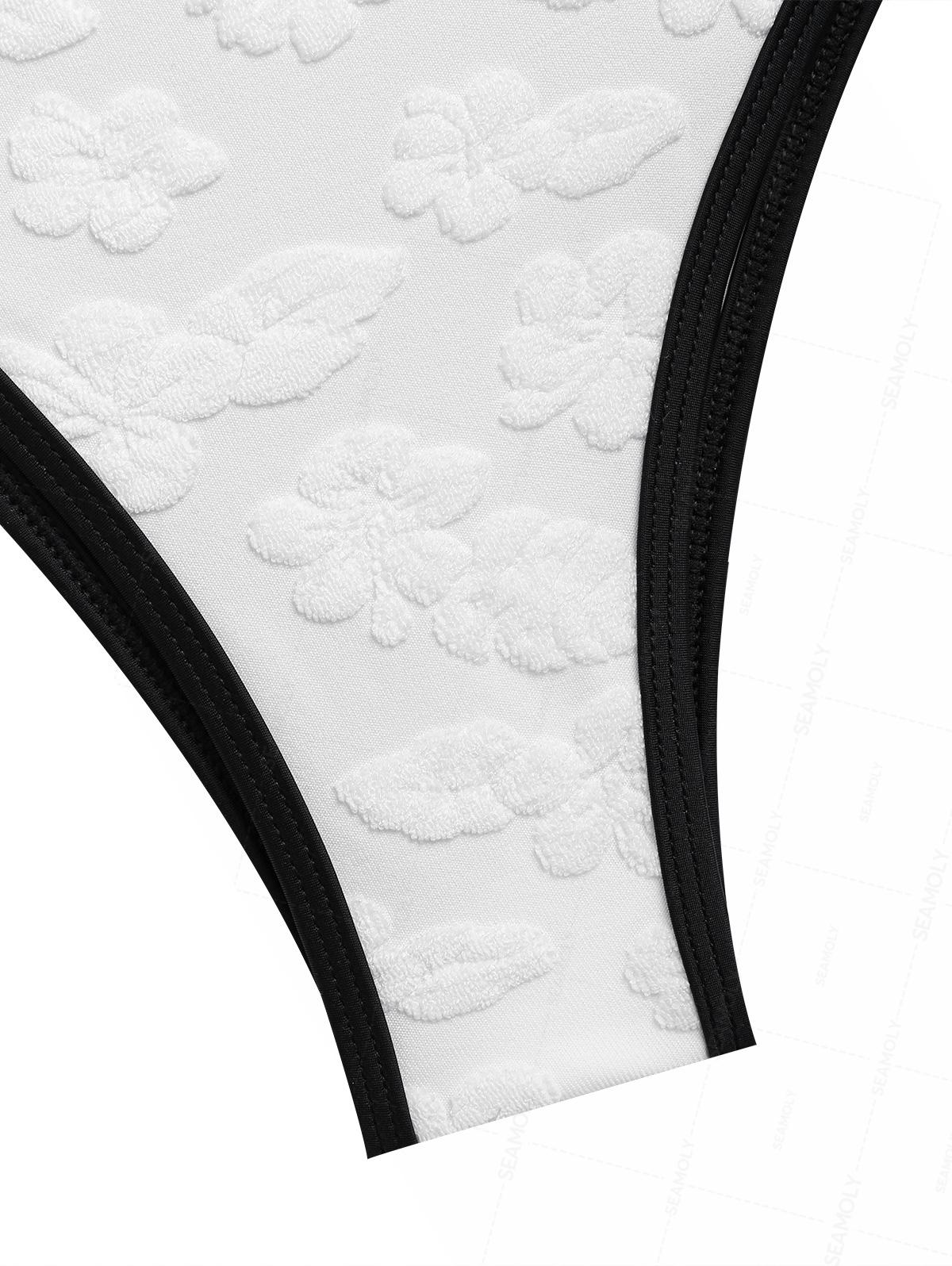 Seamolly Terry Cloth Floral Leaf Jacquard O Ring Bikini Set - Image 5
