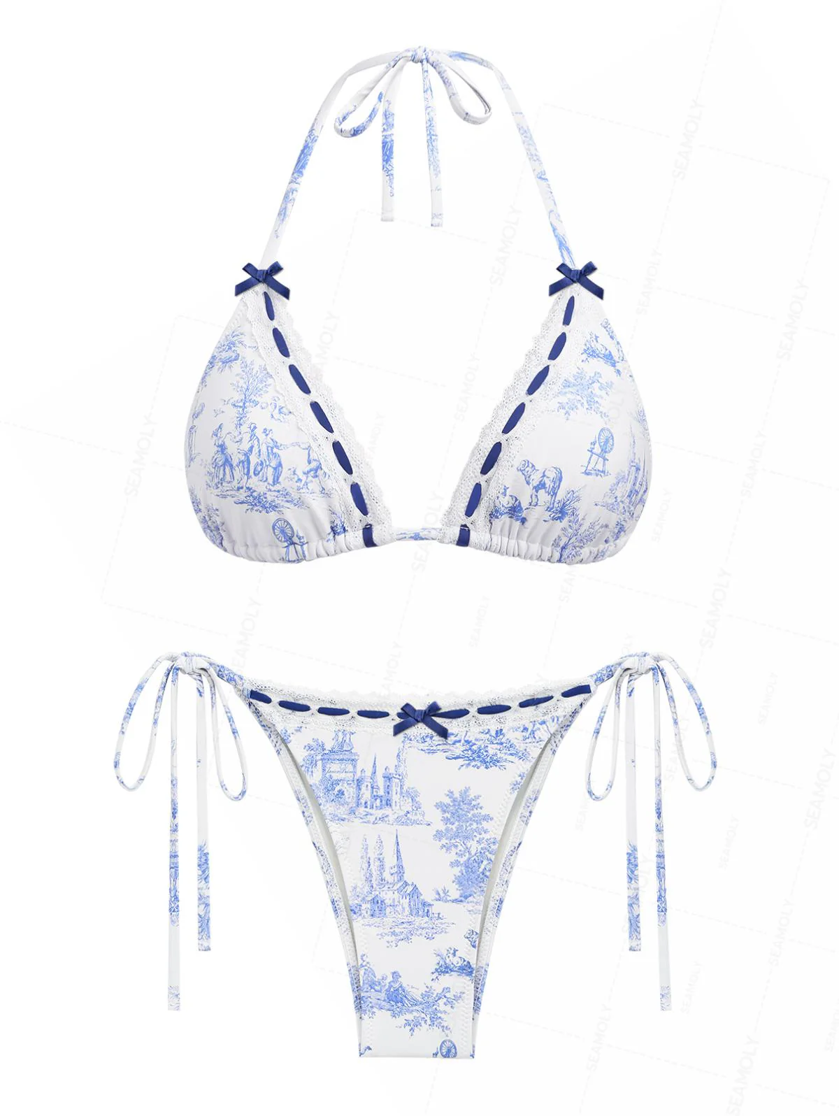 Seamolly Toile de Jouy Print Lace Bowknot Halter Triangle Tie Side Bikini Set