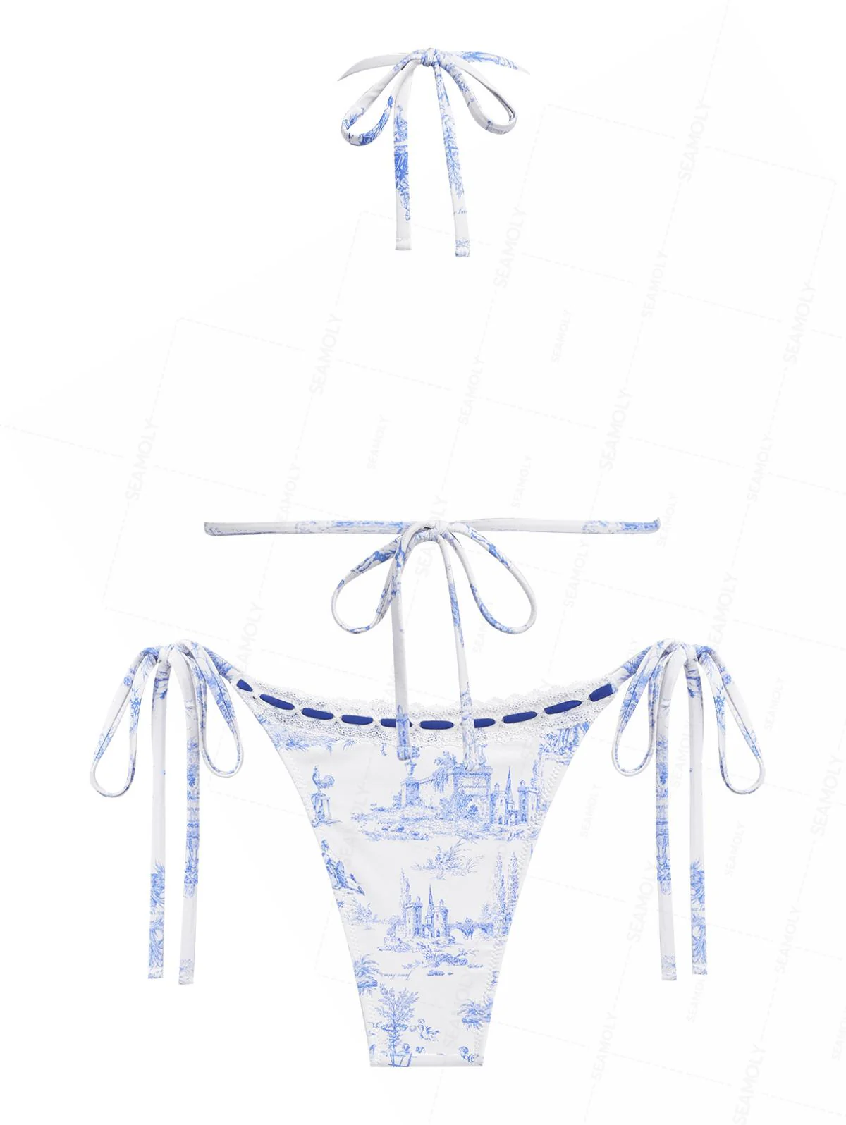 Seamolly Toile de Jouy Print Lace Bowknot Halter Triangle Tie Side Bikini Set - Image 2