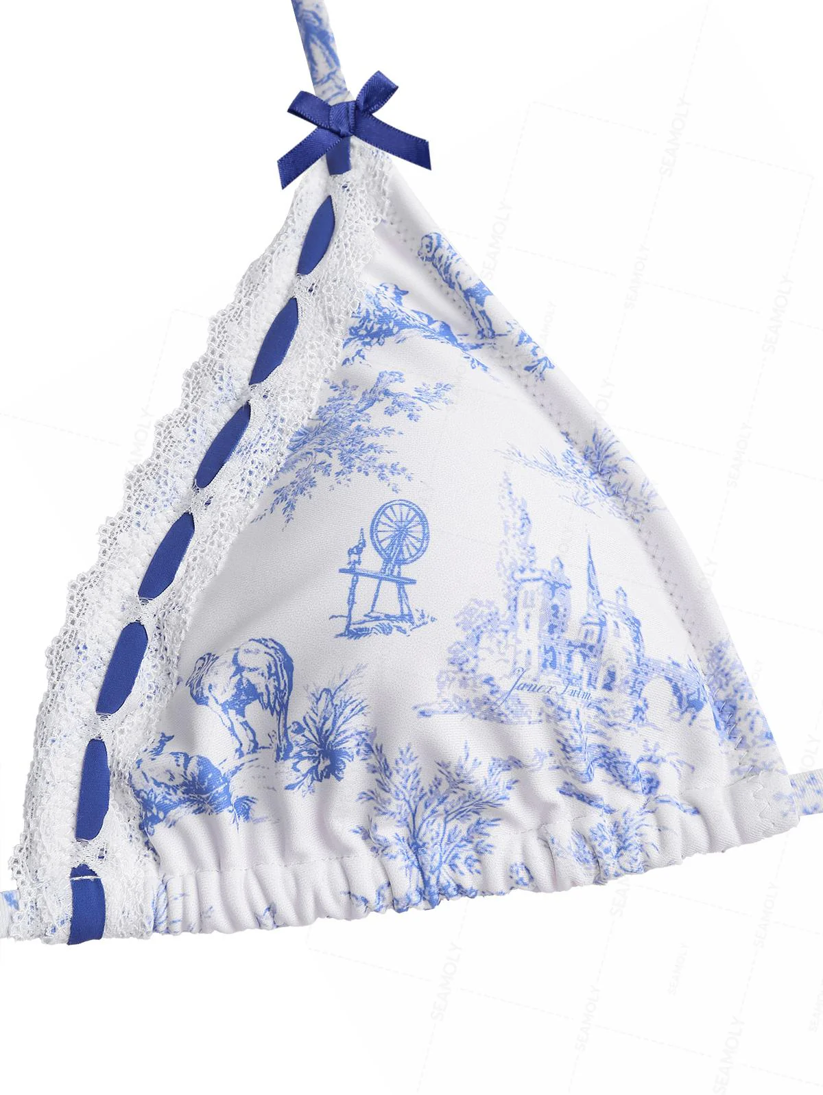 Seamolly Toile de Jouy Print Lace Bowknot Halter Triangle Tie Side Bikini Set - Image 3