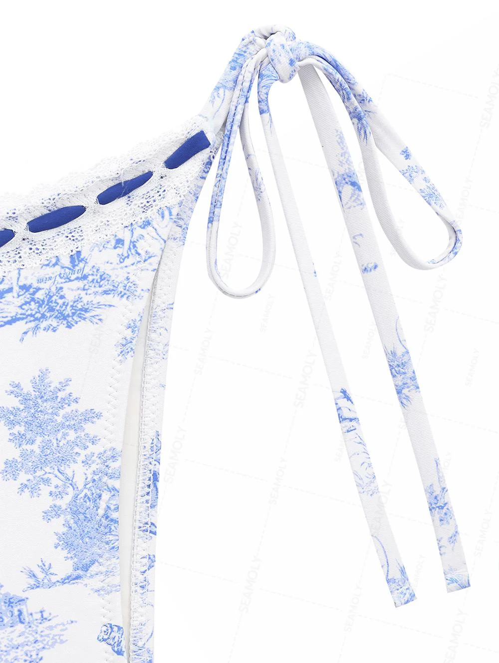 Seamolly Toile de Jouy Print Lace Bowknot Halter Triangle Tie Side Bikini Set - Image 5