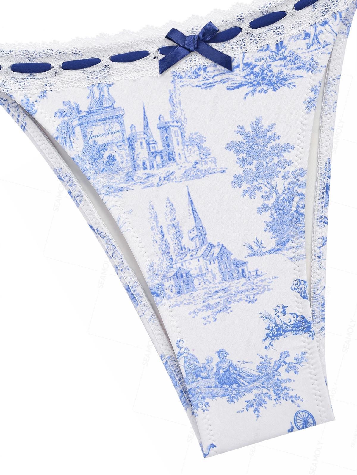 Seamolly Toile de Jouy Print Lace Bowknot Halter Triangle Tie Side Bikini Set - Image 6
