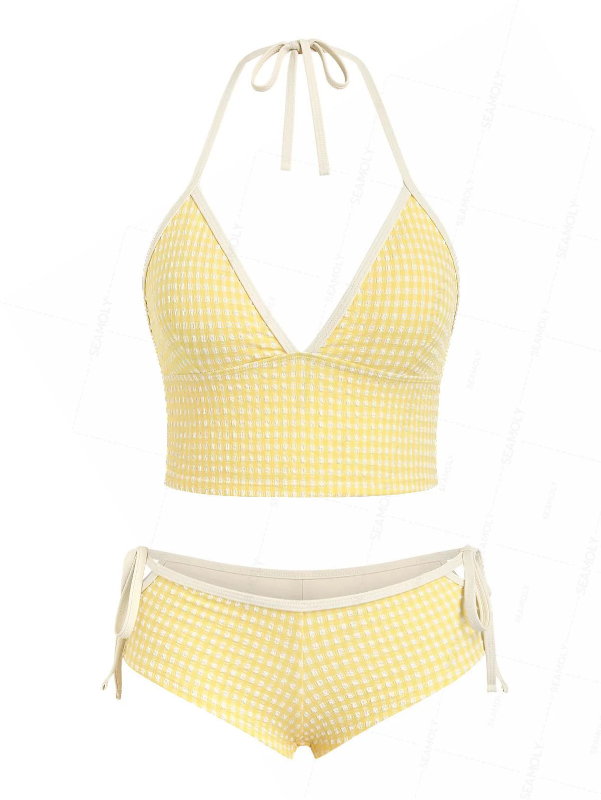 Seamolly Gingham Halter Cutout Tied Side Cheeky Boyshorts Tankini Set