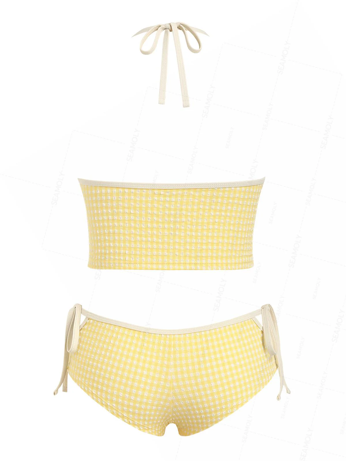 Seamolly Gingham Halter Cutout Tied Side Cheeky Boyshorts Tankini Set - Image 2