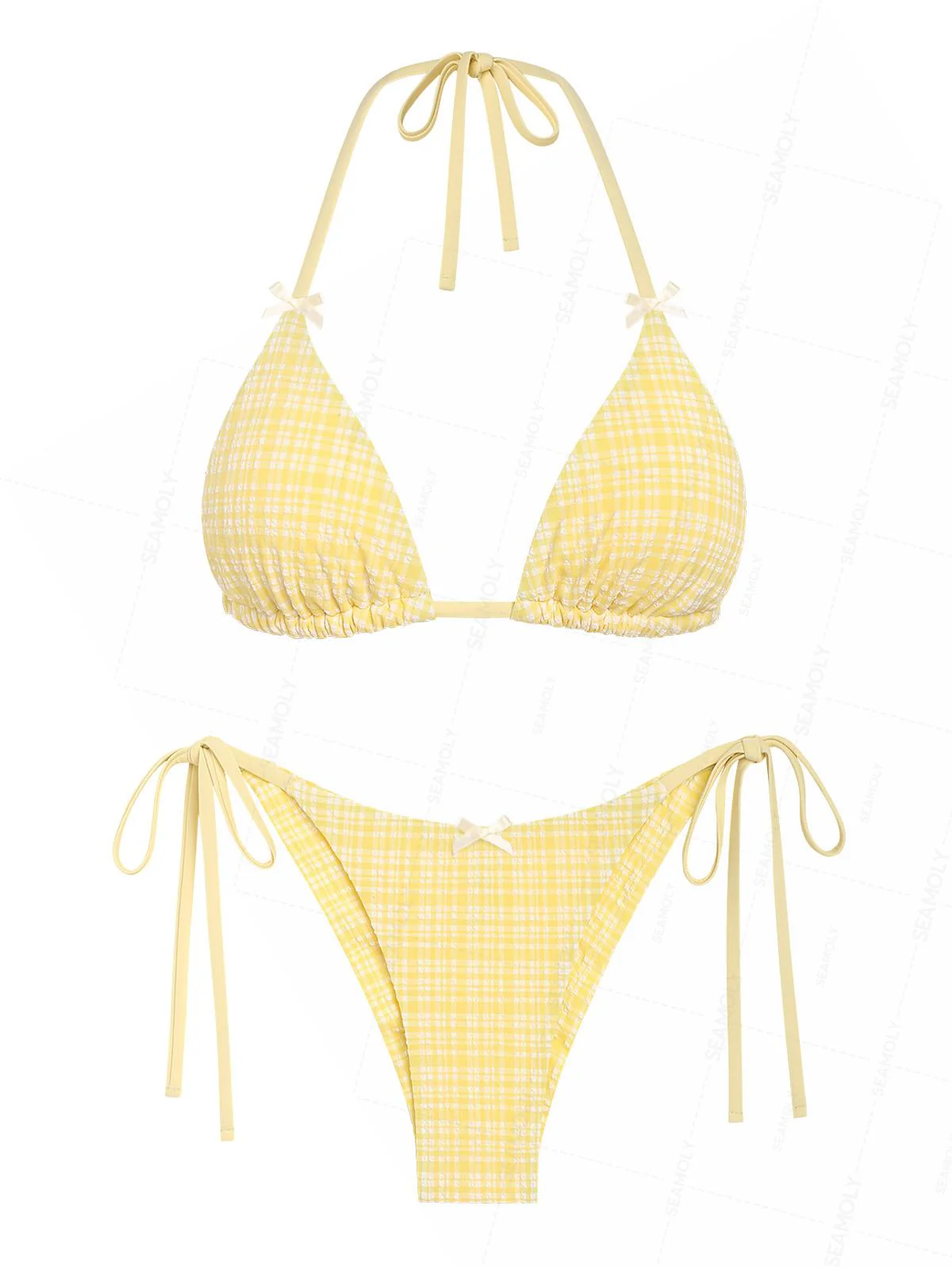 Seamolly Plaid Bowknot Halter Triangle Top & Cheeky Brazilian Bottom Bikini Set