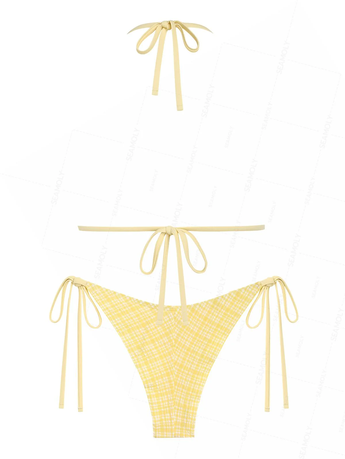 Seamolly Plaid Bowknot Halter Triangle Top & Cheeky Brazilian Bottom Bikini Set - Image 2