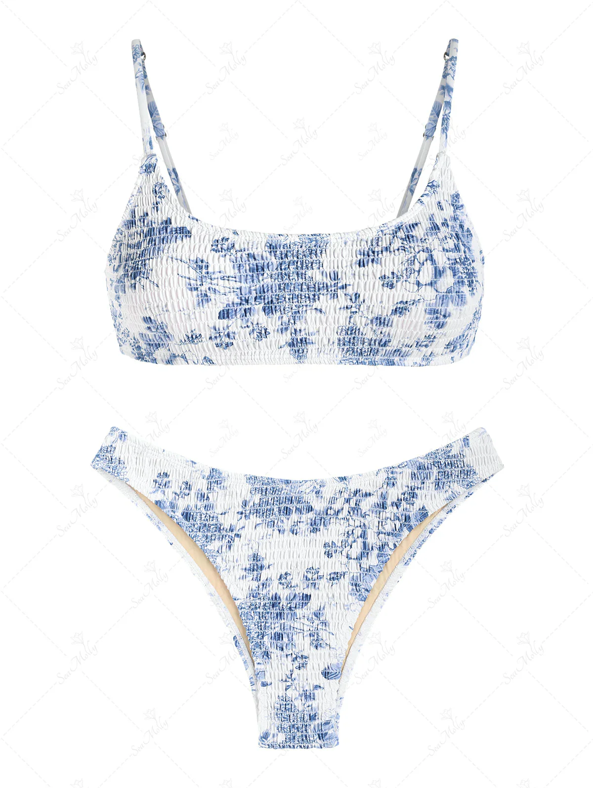 Seamolly Vintage Blue Floral Shirred Smocked Tank Cheeky Bikini Set - Image 6