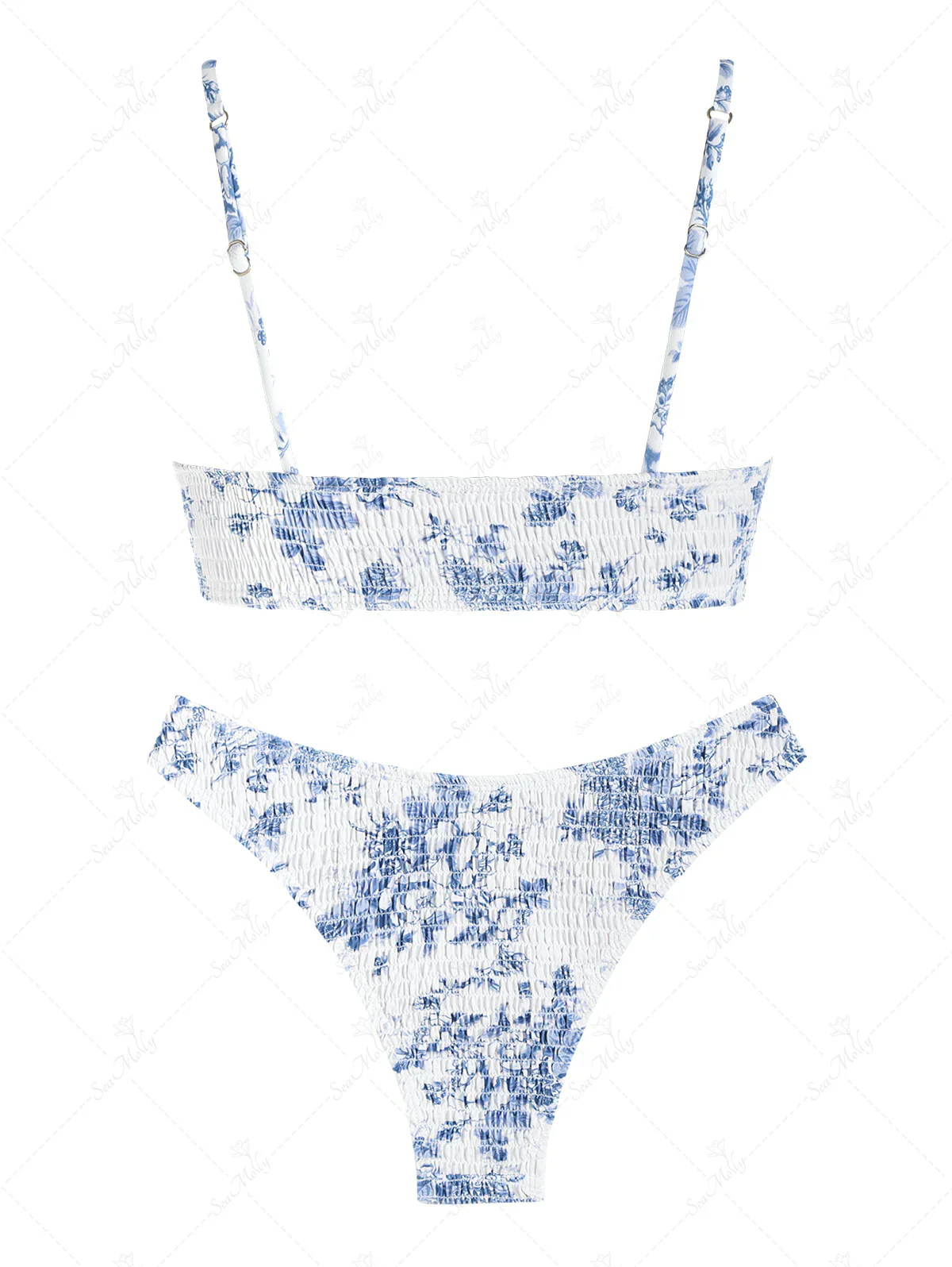 Seamolly Vintage Blue Floral Shirred Smocked Tank Cheeky Bikini Set - Image 7