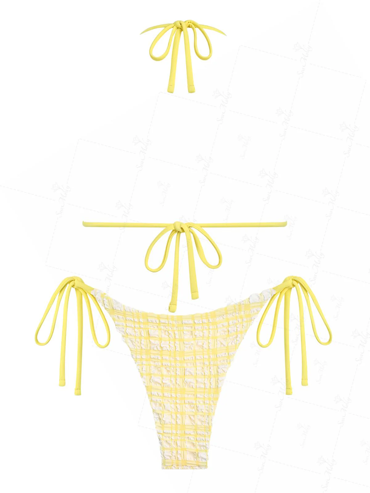 Seamolly Textured Bowknot Decor Halter Triangle Tie Side Bikini Set - Image 7
