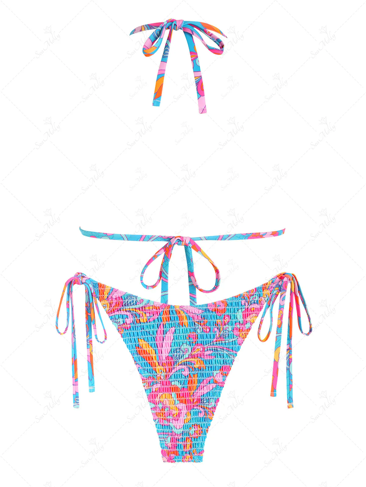 Seamolly Tie Side Floral Smocked Shirred Triangle Bikini Set - Image 2