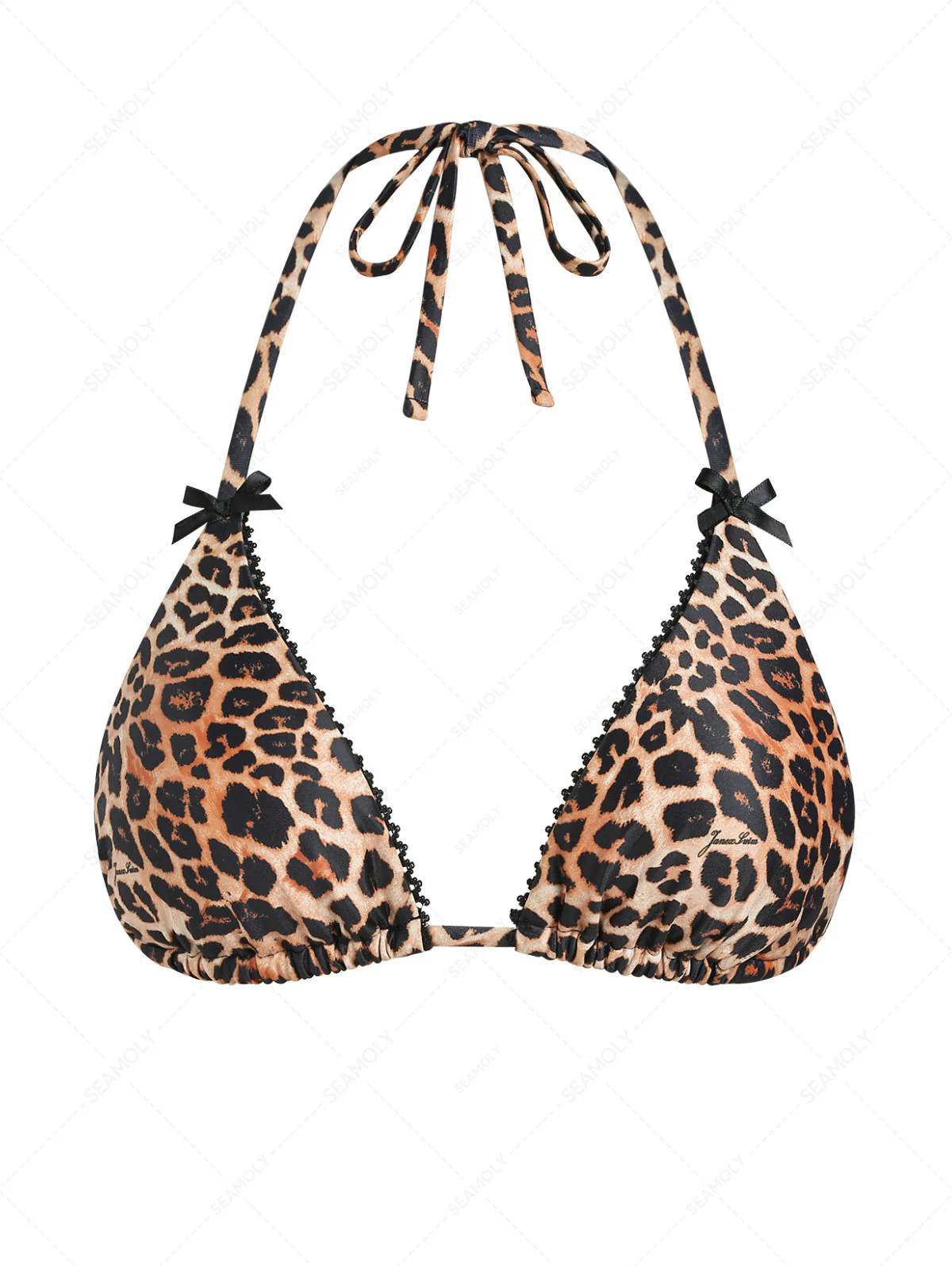Vintage Leopard Lace Bowknot Halter Triangle Bikini Top - Image 2