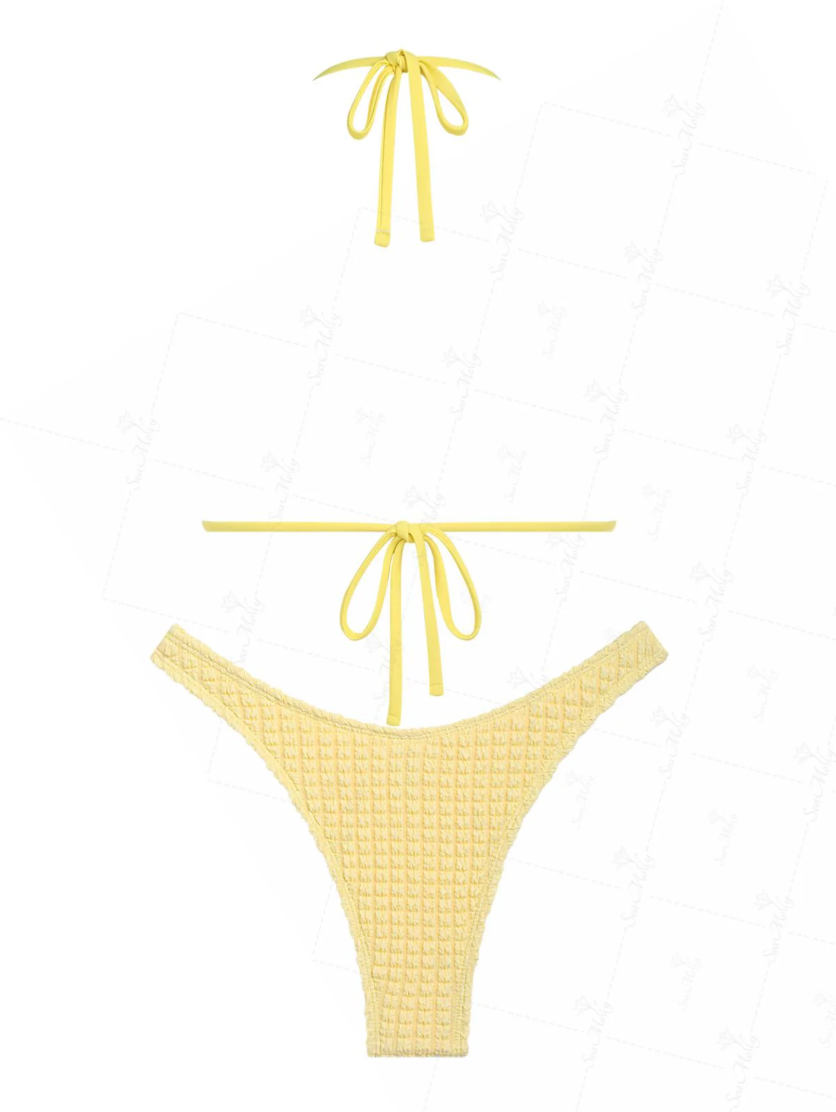 Seamolly Solid Color Textured Shell Decor Halter Triangle Cheeky Bikini Set - Image 10
